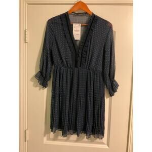 Zara Basic NWT Navy Polka Dot Pleated V-Neck Dress Short Mini Flowy Size M Sheer